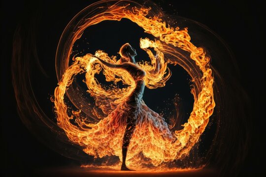 Woman with fire dance. Generative AI