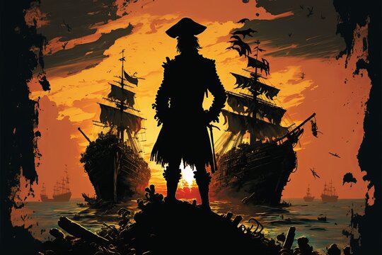 The most awesome pirate standing on treasure pile against ruined ships at sunset, illustration painting