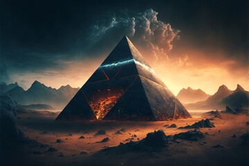 The best sci-fi scene of futuristic black pyramid floating over earth surface, digital art style, illustration painting - obrazy, fototapety, plakaty