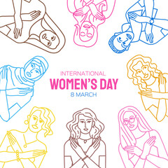 Break the bias. International Womens day. 8th March. Concept for equality. Group women with different color cross their arms in protest. Hand drawn doodle style.