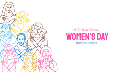 Break the bias. International Womens day. 8th March. Concept for equality. Group women with different color cross their arms in protest. Hand drawn doodle style.