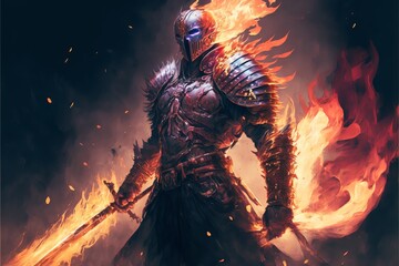 warrior posing with fire flame swords on fire background,illustration painting