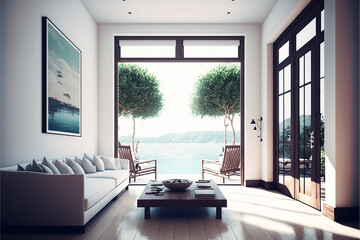 3D interior balcony sea view modern style wide window