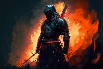 warrior posing with fire flame swords on fire background,illustration painting