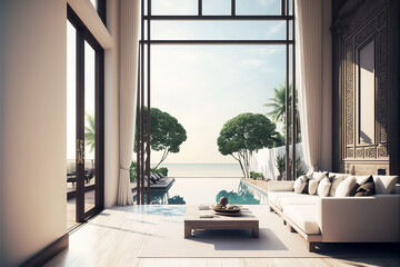 3D interior balcony sea view modern style high window