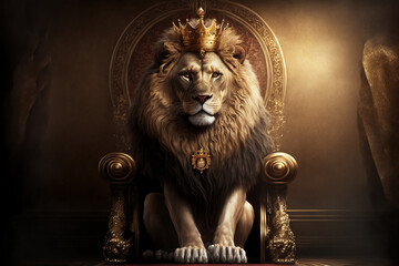 Majestic lion king wearing golden crown sitting on the wooden throne - obrazy, fototapety, plakaty