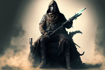 The time is now  - apocalypse warrior in a cloak with gas mask holding a gun sitting on horseback, digital art style, illustration painting