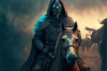 The time is now  - apocalypse warrior in a cloak with gas mask holding a gun sitting on horseback, digital art style, illustration painting
