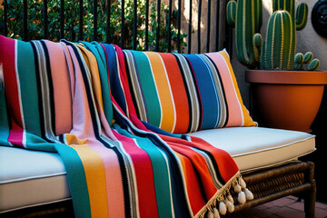  a couch with a colorful blanket on top of it next to a potted plant and a cactus in the back yard of a house.  generative ai