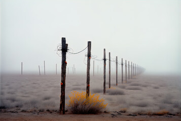 Barbed wire guarding a mysterious landscape. Made with Generative AI.	
	