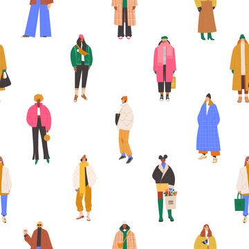 Seamless pattern with various modern women wearing trendy winter clothes. Colorful hand drawn background vector illustration.