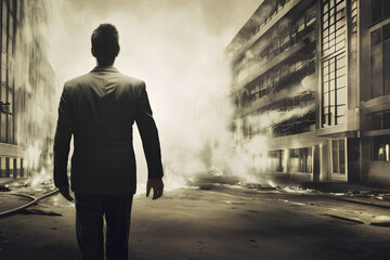 Business man in suit looking helplessly on at the smoking ruins of his business, created with Generative AI technology