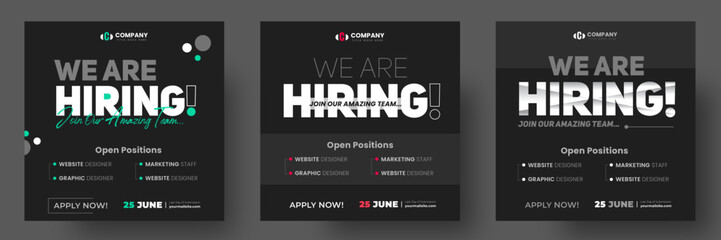We are hiring job vacancy social media post banner design template with black and dark color. black, dark and white we are hiring banner.  We are hiring job vacancy square web banner design.
