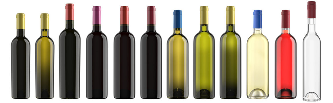 wine bottle collection, various assorted bordeaux type, alpha channel background, on transparent, to make packshots and mockups, 3d rendering.