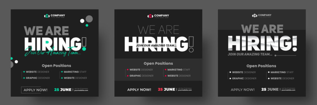 We are hiring job vacancy social media post banner design template with black and dark color. black, dark and white we are hiring banner.  We are hiring job vacancy square web banner design.