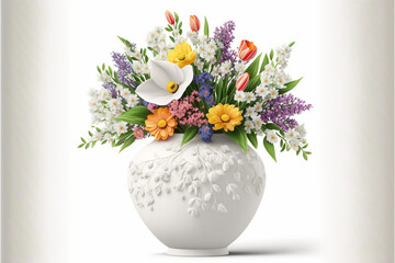 Weiße Vase voller bunter Frühlingsblumen vor weißem Hintergrund. Farbenfroher Frühlingsstrauß in elegantem Design. - 567109137