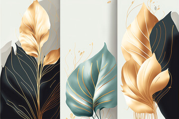 Luxury Gold Lines Art Background flower and botanical leaves  Organic shapes background for banner, poster, abstract art