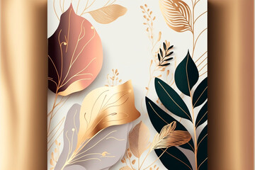 Luxury Gold Lines Art Background flower and botanical leaves  Organic shapes background for banner, poster, abstract art