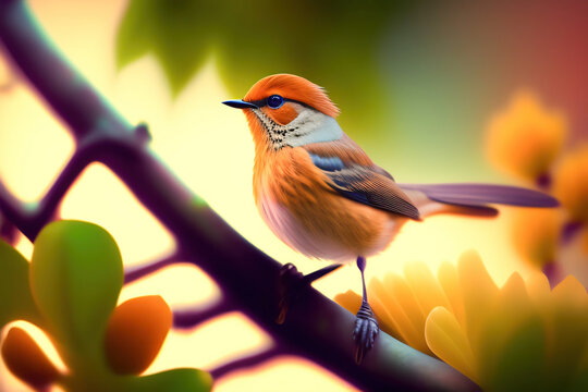 Delightfully beautiful nightingale bird on a flowering tree in spring. Generated AI.