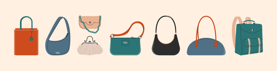 Woman bags. Cartoon female handbag shoulder bag cross body clutch purse backpack, casual fashion accessories. Vector set
