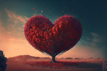 Fototapeta na wymiar Heart shaped tree with leaves flying around in the countryside., Ai generated