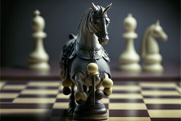  a chess board with a knight on it and a horse on the chess board with the pieces on the chess board in the foreground.  generative ai