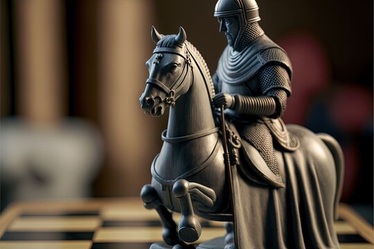  a chess board with a statue of a knight on a horse on it's chess board, with a blurry background of the chess board.  generative ai