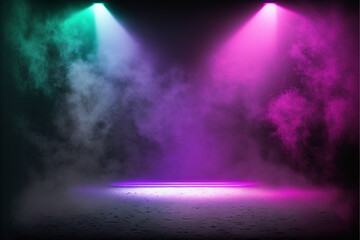Obraz premium The dark stage shows, empty dark blue, purple, pink background, neon light, spotlights, The asphalt floor and studio room with smoke float up the interior texture for display products