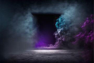 Fototapeta na wymiar The dark stage shows, empty dark blue, purple, pink background, neon light, spotlights, The asphalt floor and studio room with smoke float up the interior texture for display products