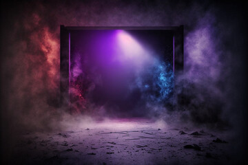 Fototapeta na wymiar The dark stage shows, empty dark blue, purple, pink background, neon light, spotlights, The asphalt floor and studio room with smoke float up the interior texture for display products