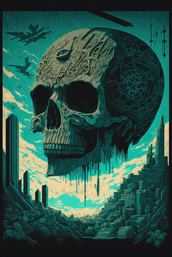 artistic human skull tattoo style out of the multiverse, human, the eerie fantasy post-apocalyptic ink punk era psychedelic vector  pop art splatter paint marker drawing wallpaper generative AI) teal