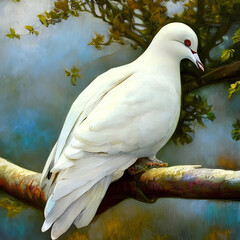 Painting of a peaceful white dove in a tree, created with Generative AI technology