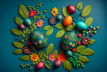 Fototapeta na wymiar Easter egg background. Wallpaper. Holidays. Leaves. Green background. Colorful pattern. Created by Generative AI