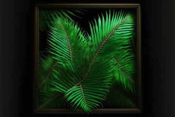 Leaves of coconut palm, Green tropical in the square, neon light, presentation background