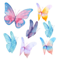 Set of the blue butterflies in pastel colors isolated on white background. Watercolor. Illustration. Blue, yellow, pink and ivory butterfly spring illustration - 567111546