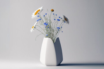  a white vase with a bunch of wild flowers in it on a white table top with a gray background and a light blue wall behind it.  generative ai