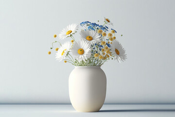  a white vase filled with lots of white and yellow flowers on top of a blue tablecloth covered table top next to a white wall.  generative ai