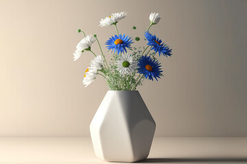  a white vase filled with blue and white flowers on top of a table next to a blue and white striped wall and a blue and white wall.  generative ai