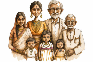 A vector portrait showing a typical Indian family with several generations of Indians. An authentic and timeless insight for all art projects.