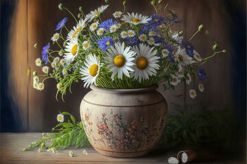  a painting of daisies and other flowers in a vase on a wooden surface with a shell nearby on the ground and a wooden wall behind it.  generative ai