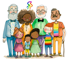 A portrait of the members of a mixed-race family from different generations. Dynamic and colorful vector illustration for an iconography rich in emotion.