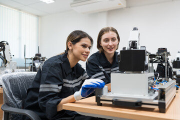 Team female engineers training Programmable logic controller with AI robot and Artificial Intelligence of Things service robot in the laboratory room