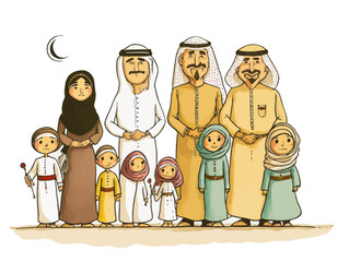 Qatari multi-generational family group comically illustrated with vectorization. An entertaining and emotional portrait, to be used in several graphic applications.