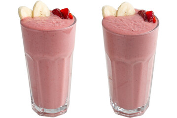 Berry and banana smoothie in a tall glass on a white background. Isolated glass with thick cocktail - 567112333