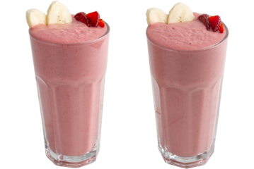 Berry and banana smoothie in a tall glass on a white background. Isolated glass with thick cocktail
