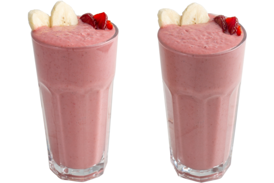 Berry and banana smoothie in a tall glass on a white background. Isolated glass with thick cocktail