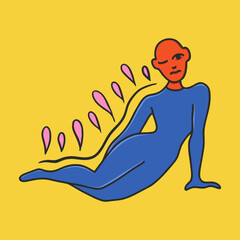 Red alien, hairless girl lies down and winks. Alien humanoid character. Flat design, cartoon drawing, vector illustration. Template for printing.