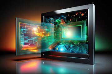A dynamic 3D concept image displaying a high-tech computer monitor with colorful graphics bursting forth from the screen on a reflective surface.AI generated.