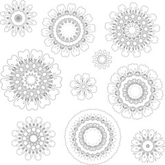 A set of different flowers drawn with a black outline.  Vector file for designs.