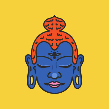 Krishna's face. Indian deity. Flat bright illustration in 60s psychedelic style.